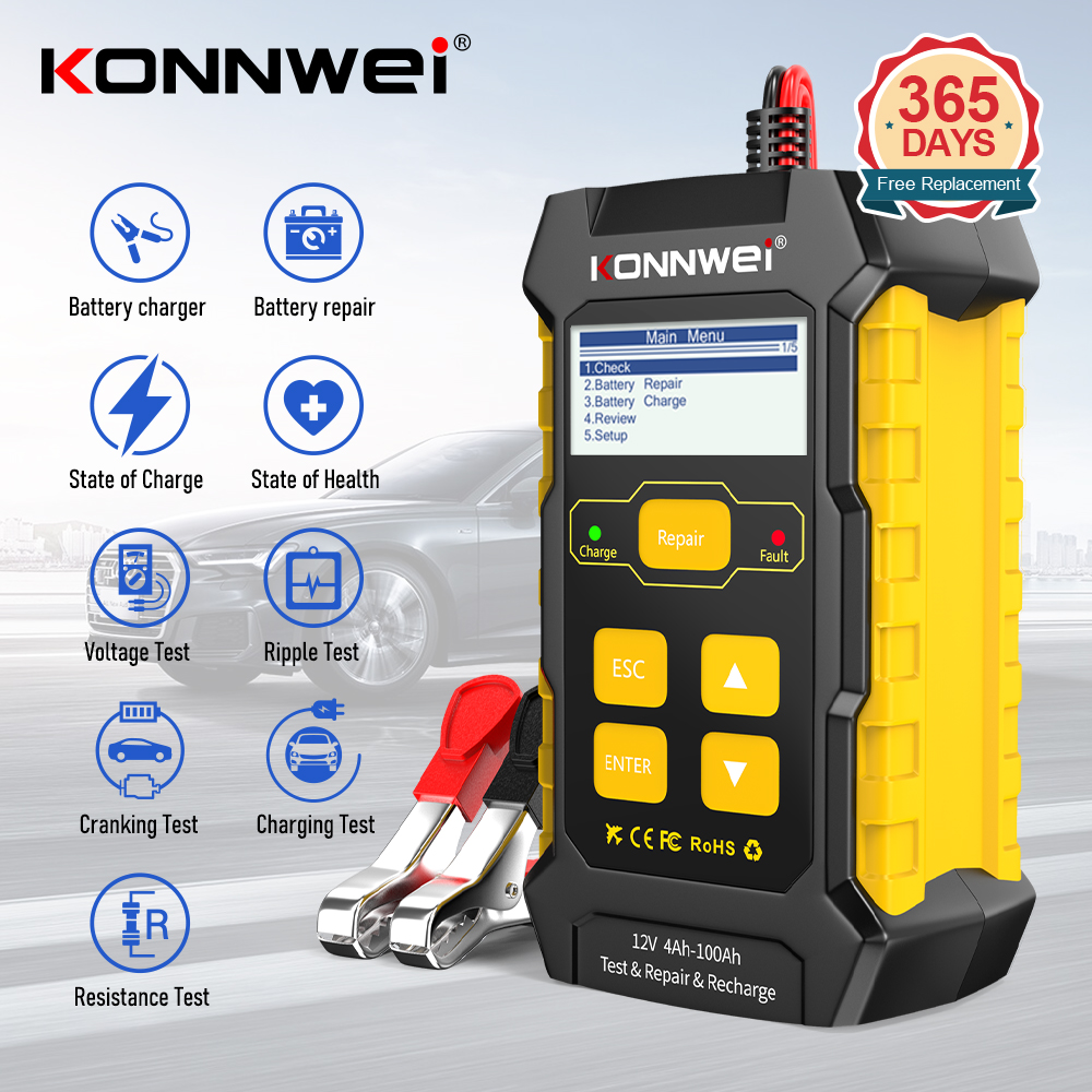 KONNWEI KW510 자동차 배터리 테스터 12V 자동 배터리 분석기 펄스 수리 5A 배터리 충전기 전체 자동 배터리 수리 도구